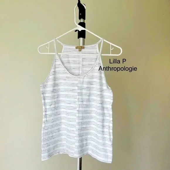 ANTHROPOLOGIE Lilla P White & Grey Stripe Tank Top/ Sz M - Picture 1 of 4